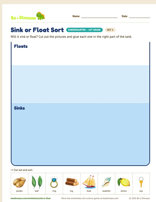 Sink or Float Sort worksheet, set 1 (free printable from Be a Dinosaur)