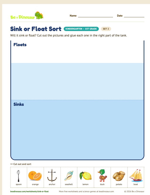 Sink or Float Sort worksheet, set 2 (free printable from Be a Dinosaur)