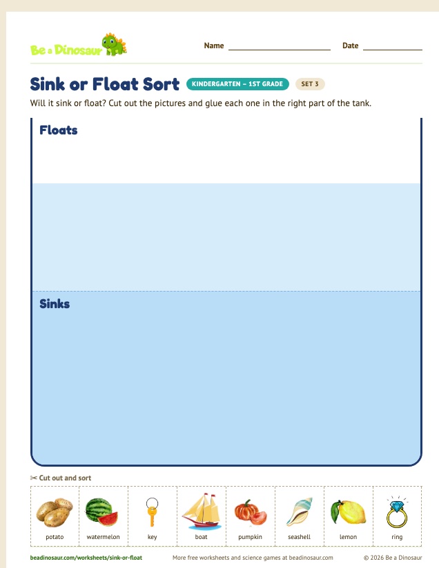 Sink or Float Sort worksheet, set 3 (free printable from Be a Dinosaur)