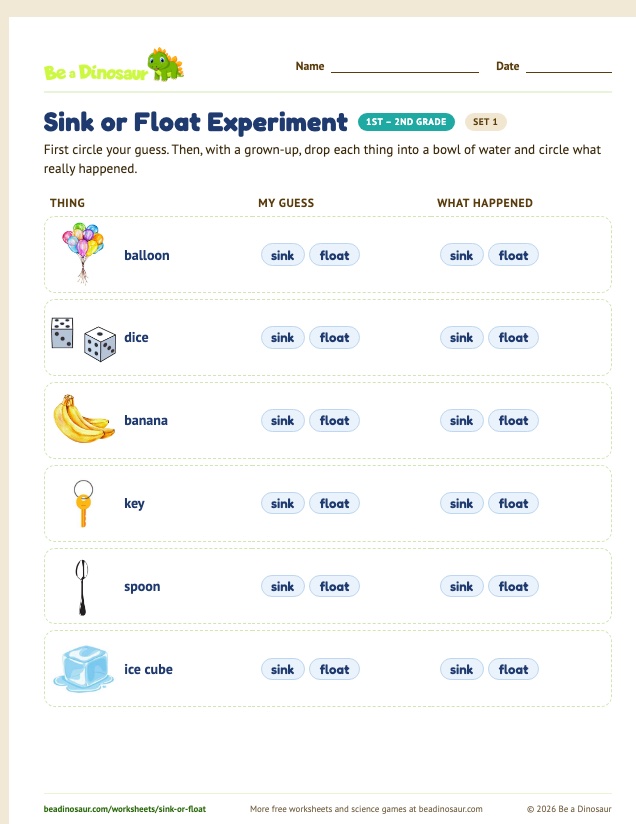 Sink or Float Experiment worksheet, set 1 (free printable from Be a Dinosaur)