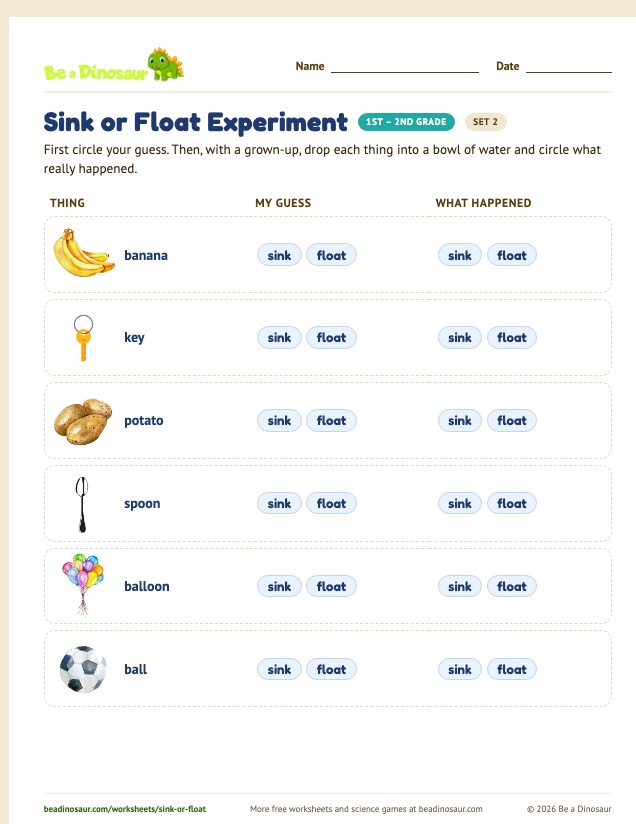 Sink or Float Experiment worksheet, set 2 (free printable from Be a Dinosaur)