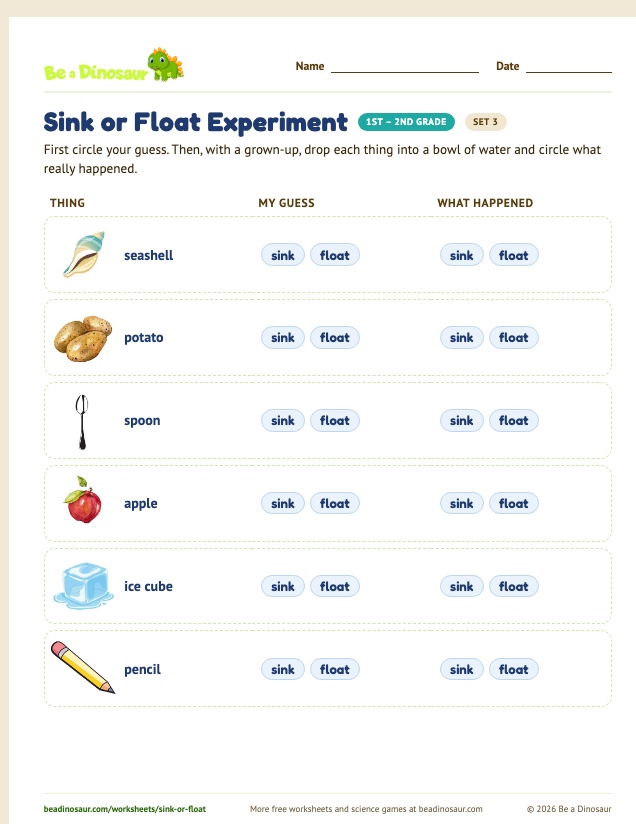 Sink or Float Experiment worksheet, set 3 (free printable from Be a Dinosaur)