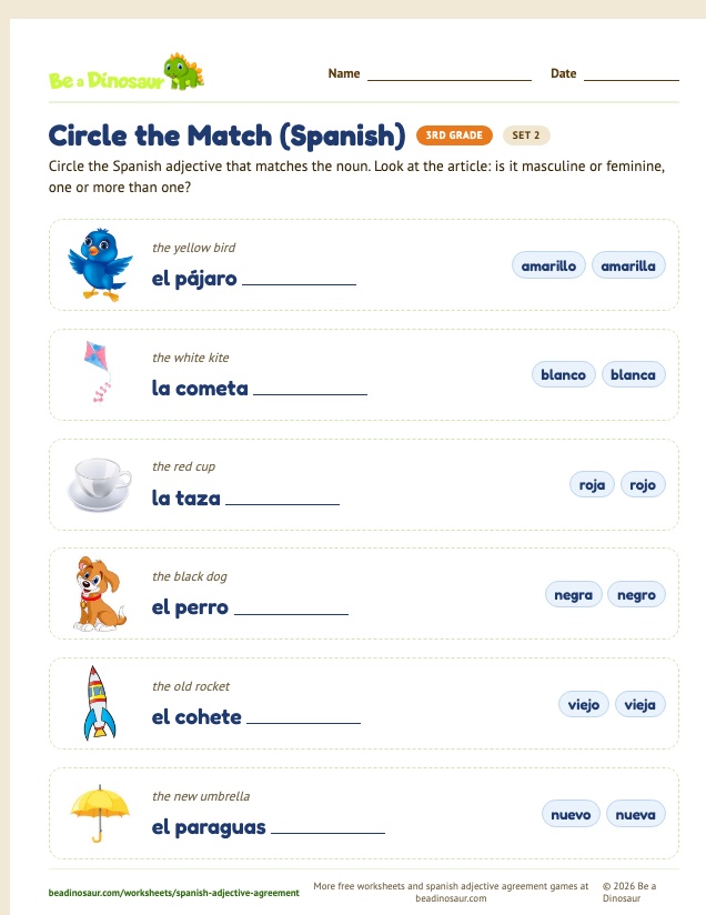 Circle the Match (Spanish) worksheet, set 2 (free printable from Be a Dinosaur)