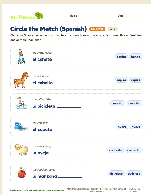 Circle the Match (Spanish) worksheet, set 3 (free printable from Be a Dinosaur)