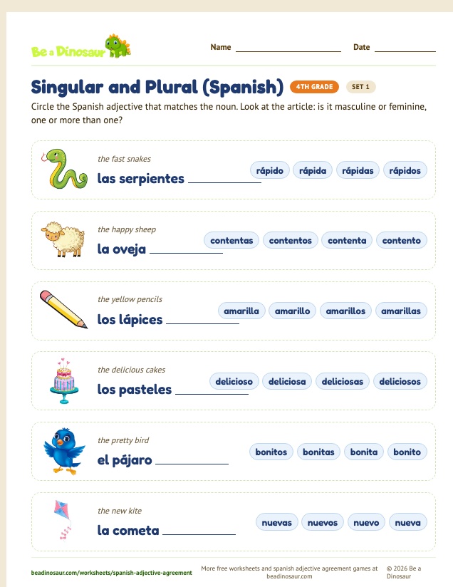 Singular and Plural (Spanish) worksheet, set 1 (free printable from Be a Dinosaur)