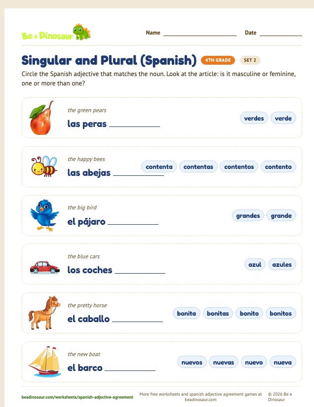 Singular and Plural (Spanish) worksheet, set 2 (free printable from Be a Dinosaur)