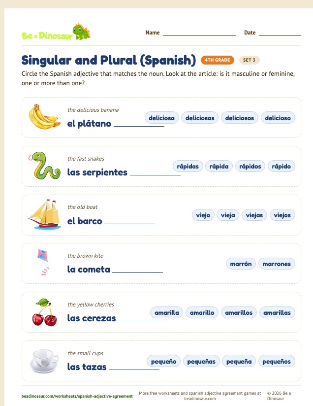 Singular and Plural (Spanish) worksheet, set 3 (free printable from Be a Dinosaur)