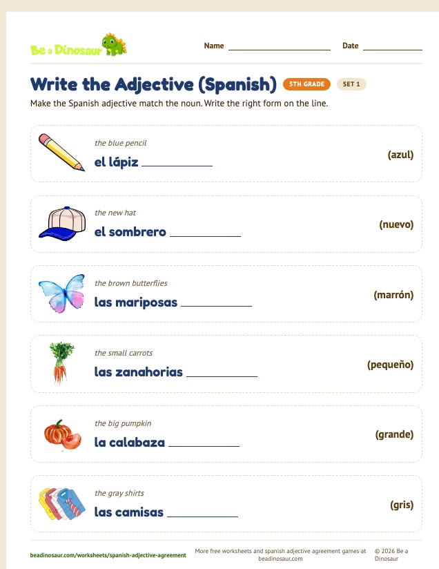 Write the Adjective (Spanish) worksheet, set 1 (free printable from Be a Dinosaur)