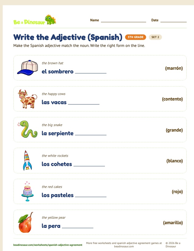 Write the Adjective (Spanish) worksheet, set 2 (free printable from Be a Dinosaur)