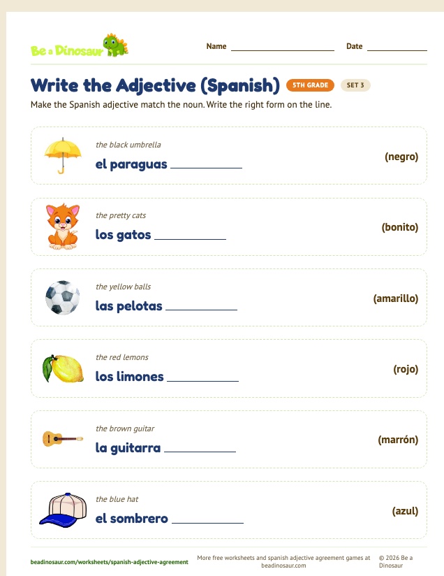 Write the Adjective (Spanish) worksheet, set 3 (free printable from Be a Dinosaur)