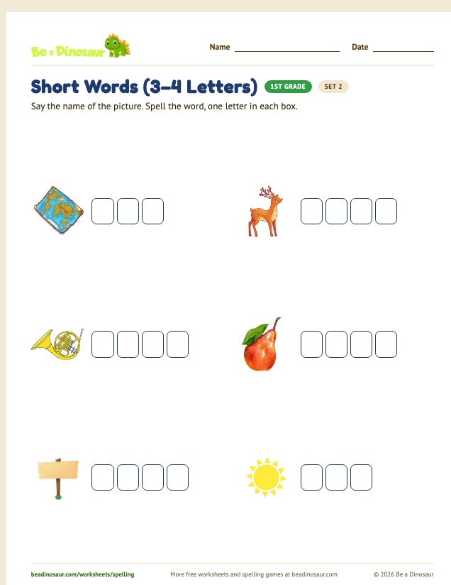 Short Words (3–4 Letters) worksheet, set 2 (free printable from Be a Dinosaur)