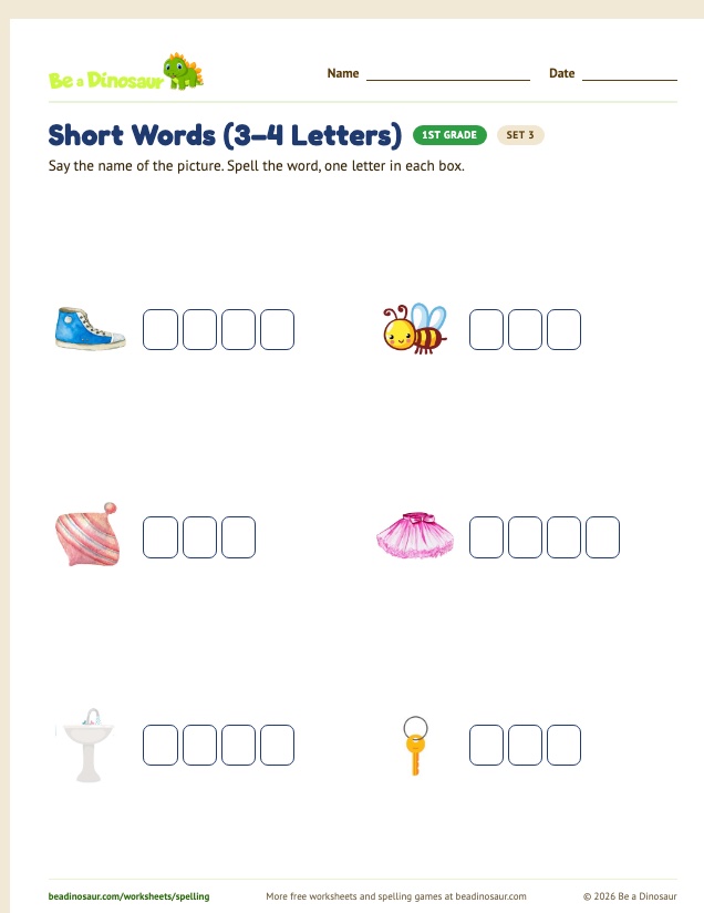 Short Words (3–4 Letters) worksheet, set 3 (free printable from Be a Dinosaur)