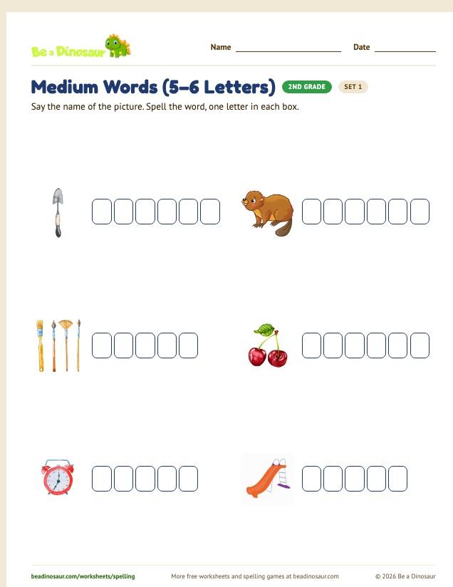 Medium Words (5–6 Letters) worksheet, set 1 (free printable from Be a Dinosaur)