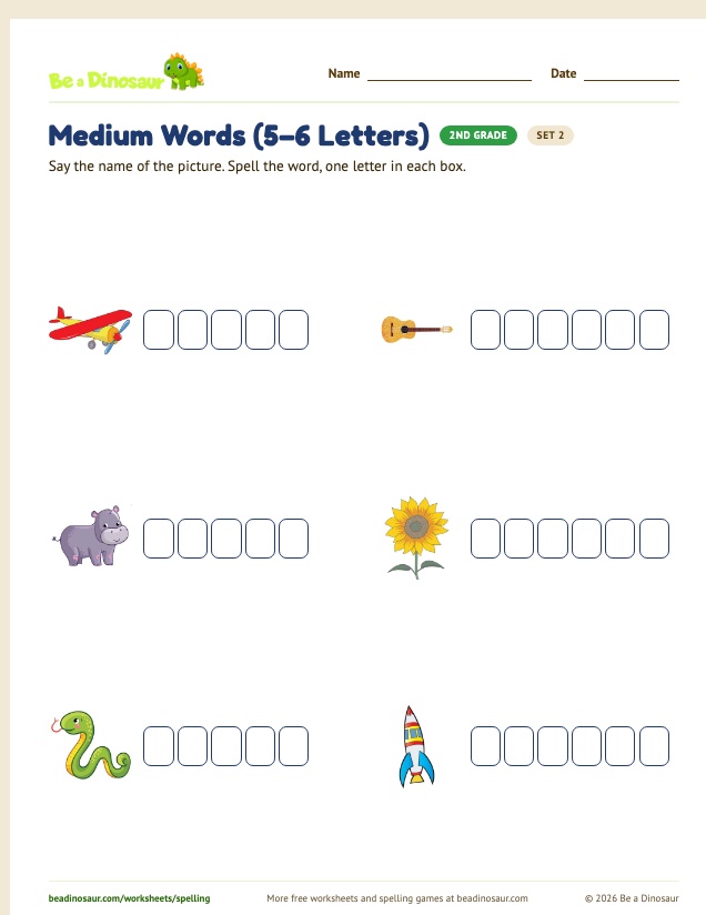 Medium Words (5–6 Letters) worksheet, set 2 (free printable from Be a Dinosaur)