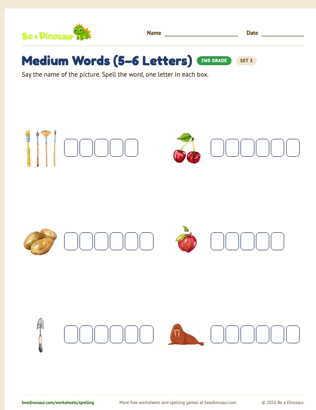 Medium Words (5–6 Letters) worksheet, set 3 (free printable from Be a Dinosaur)