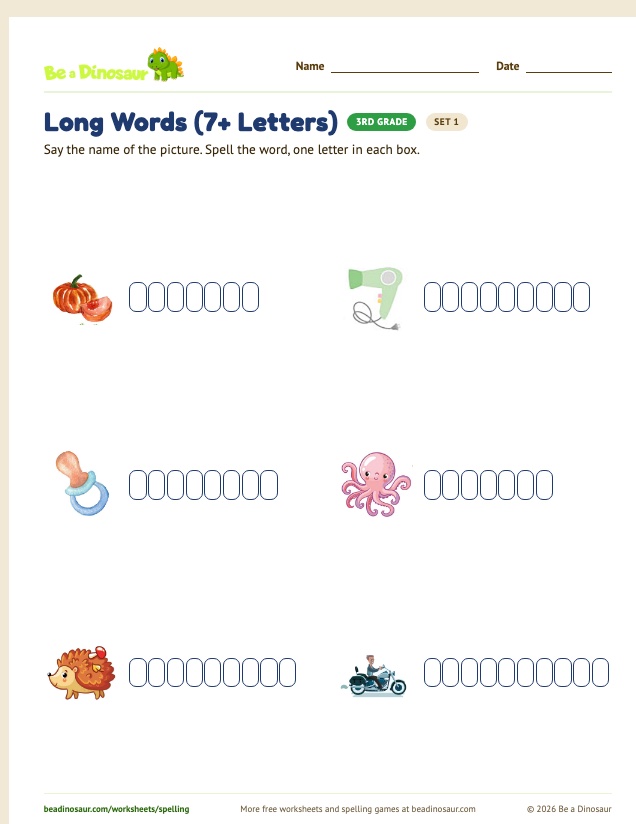 Long Words (7+ Letters) worksheet, set 1 (free printable from Be a Dinosaur)