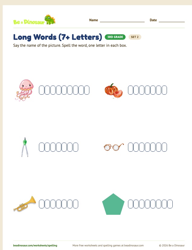 Long Words (7+ Letters) worksheet, set 2 (free printable from Be a Dinosaur)