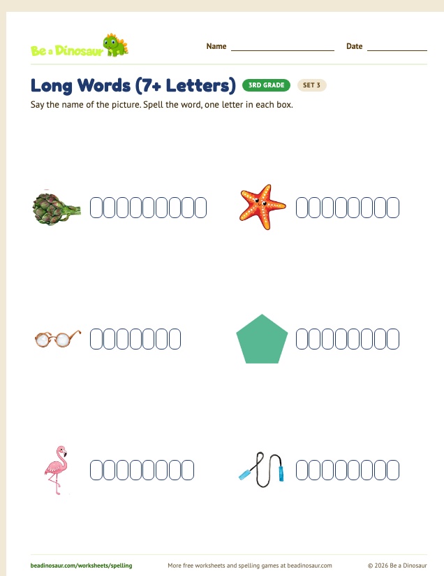 Long Words (7+ Letters) worksheet, set 3 (free printable from Be a Dinosaur)
