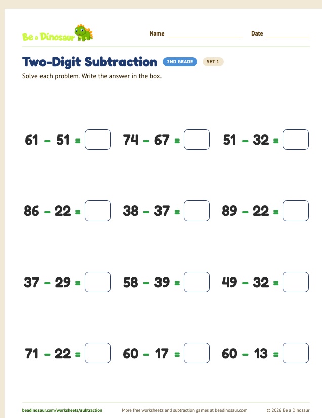 Two-Digit Subtraction worksheet, set 1 (free printable from Be a Dinosaur)