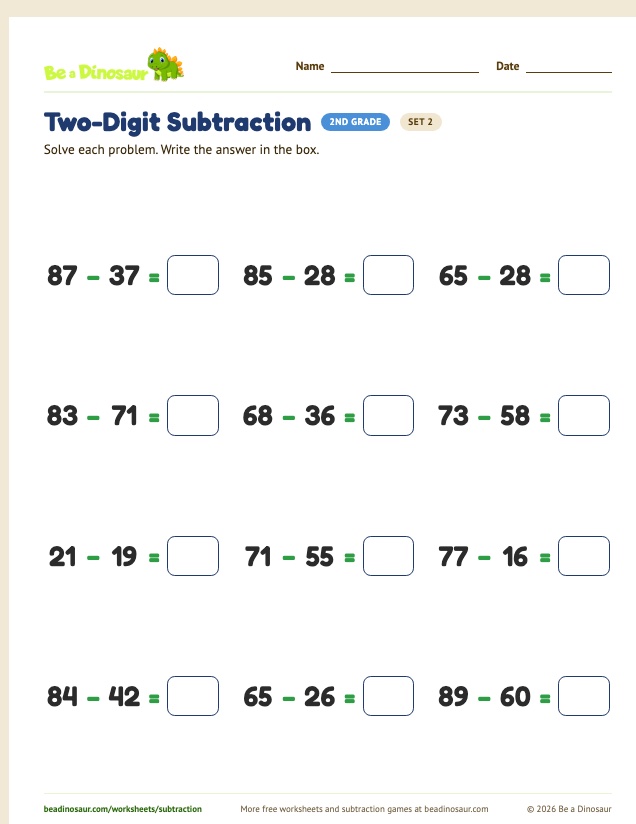 Two-Digit Subtraction worksheet, set 2 (free printable from Be a Dinosaur)