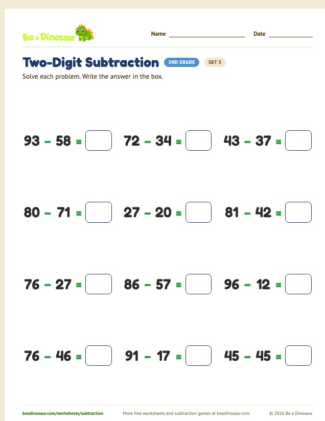 Two-Digit Subtraction worksheet, set 3 (free printable from Be a Dinosaur)