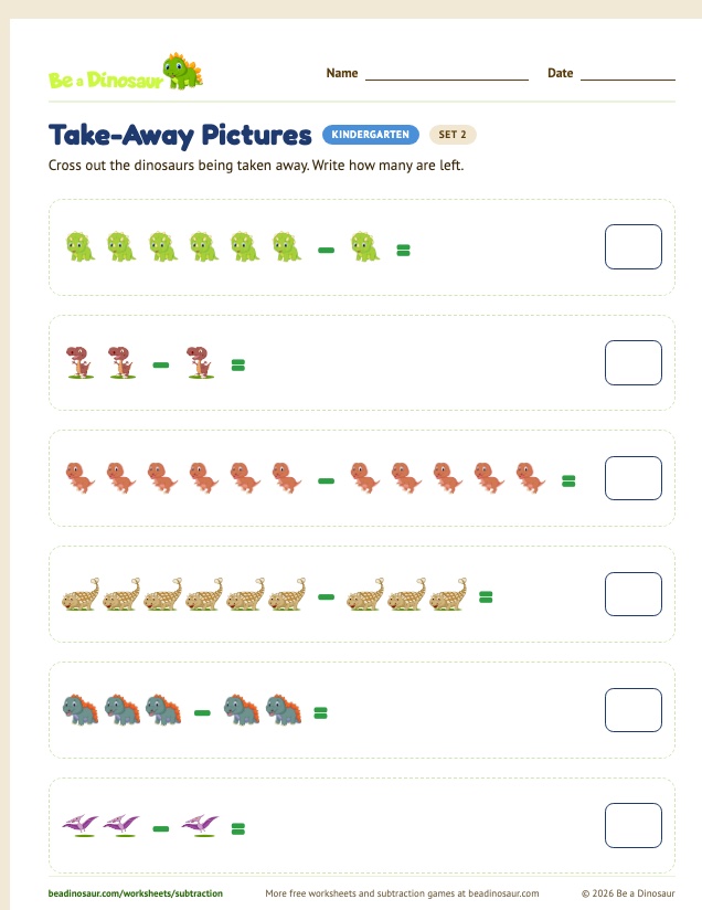 Take-Away Pictures worksheet, set 2 (free printable from Be a Dinosaur)