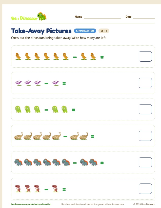 Take-Away Pictures worksheet, set 3 (free printable from Be a Dinosaur)
