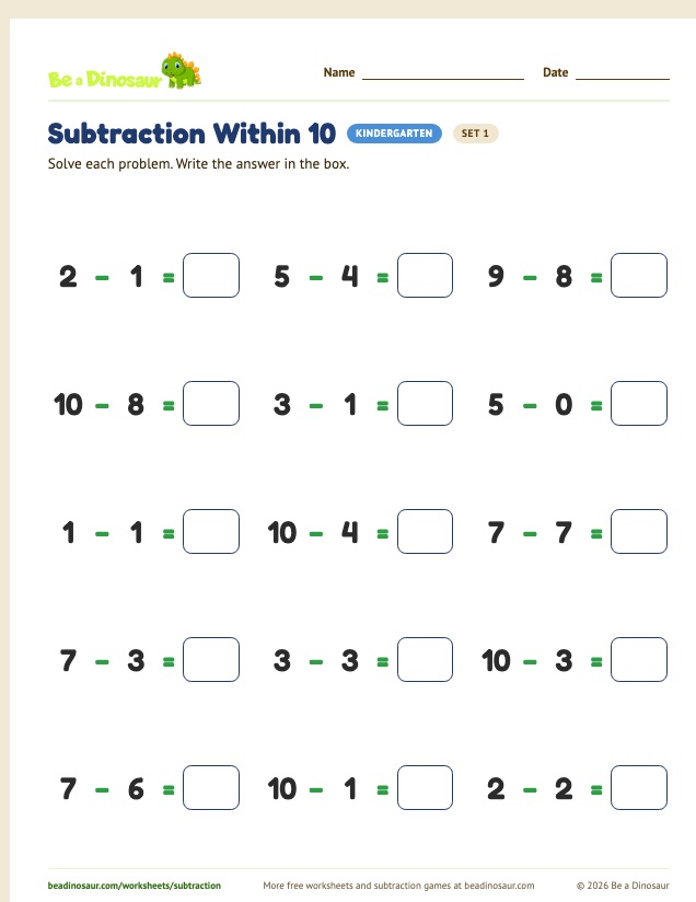 Subtraction Within 10 worksheet, set 1 (free printable from Be a Dinosaur)