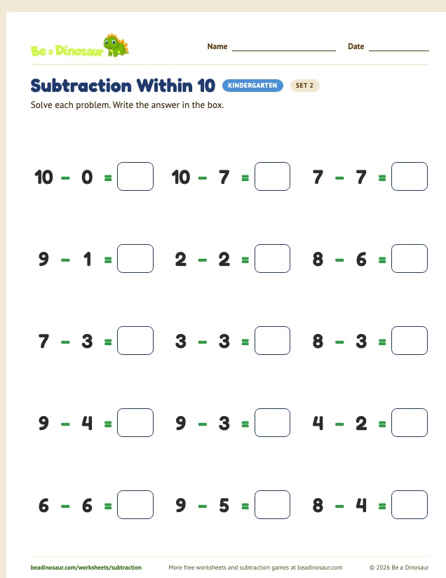 Subtraction Within 10 worksheet, set 2 (free printable from Be a Dinosaur)
