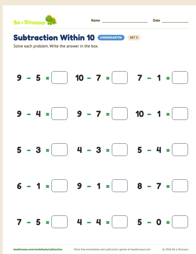 Subtraction Within 10 worksheet, set 3 (free printable from Be a Dinosaur)