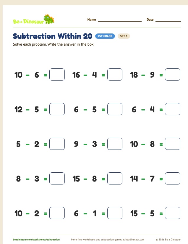 Subtraction Within 20 worksheet, set 1 (free printable from Be a Dinosaur)