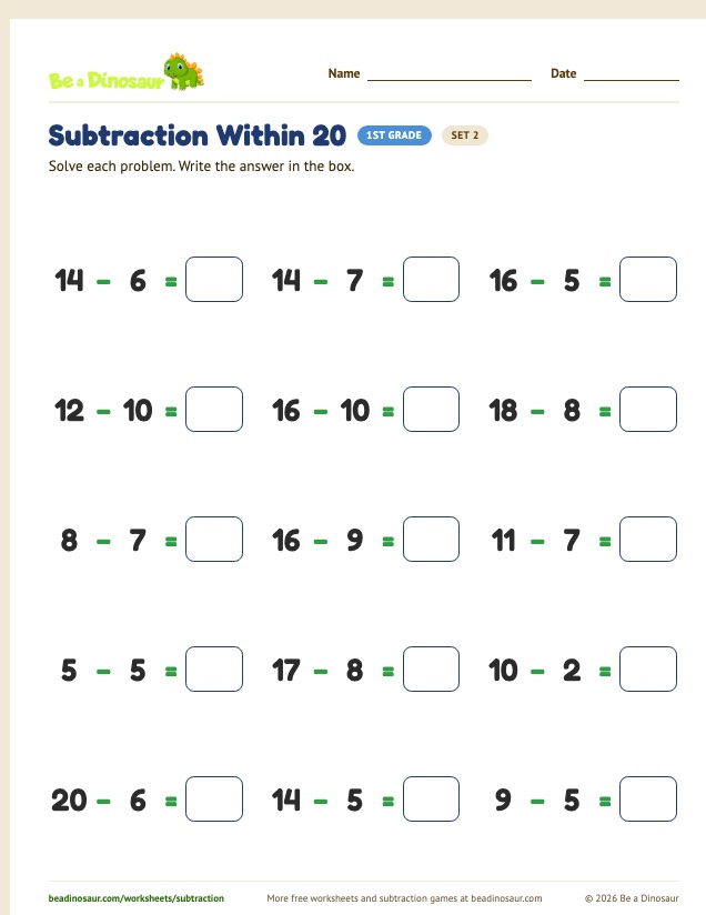 Subtraction Within 20 worksheet, set 2 (free printable from Be a Dinosaur)