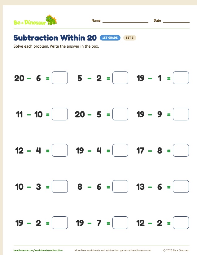 Subtraction Within 20 worksheet, set 3 (free printable from Be a Dinosaur)